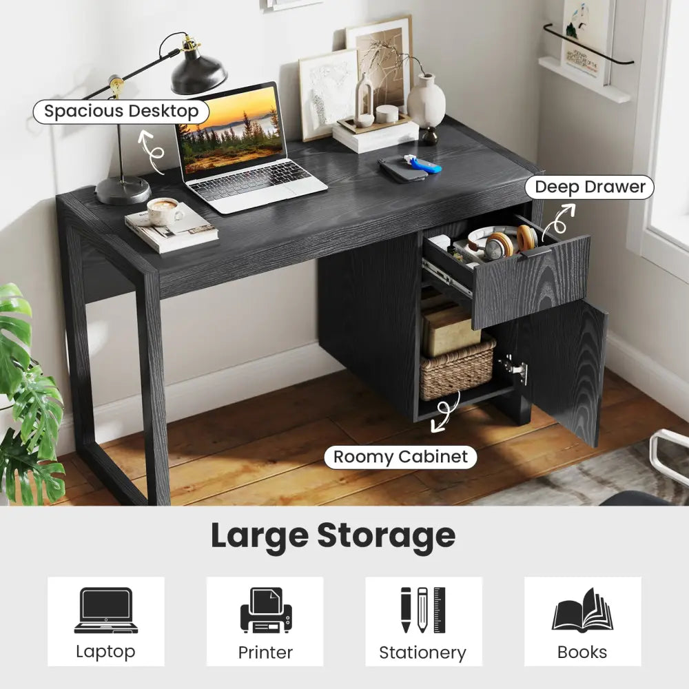 Modern Computer Desk Writing Workstation with Cabinet and Drawer-Black - Black - Writing Desks