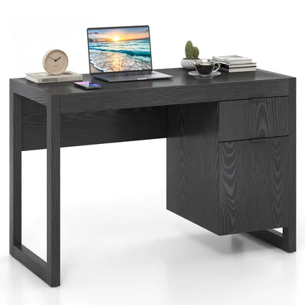 Modern Computer Desk Writing Workstation with Cabinet and Drawer-Black - Black - Writing Desks