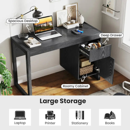 Modern Computer Desk Writing Workstation with Cabinet and Drawer-Black - Black - Writing Desks