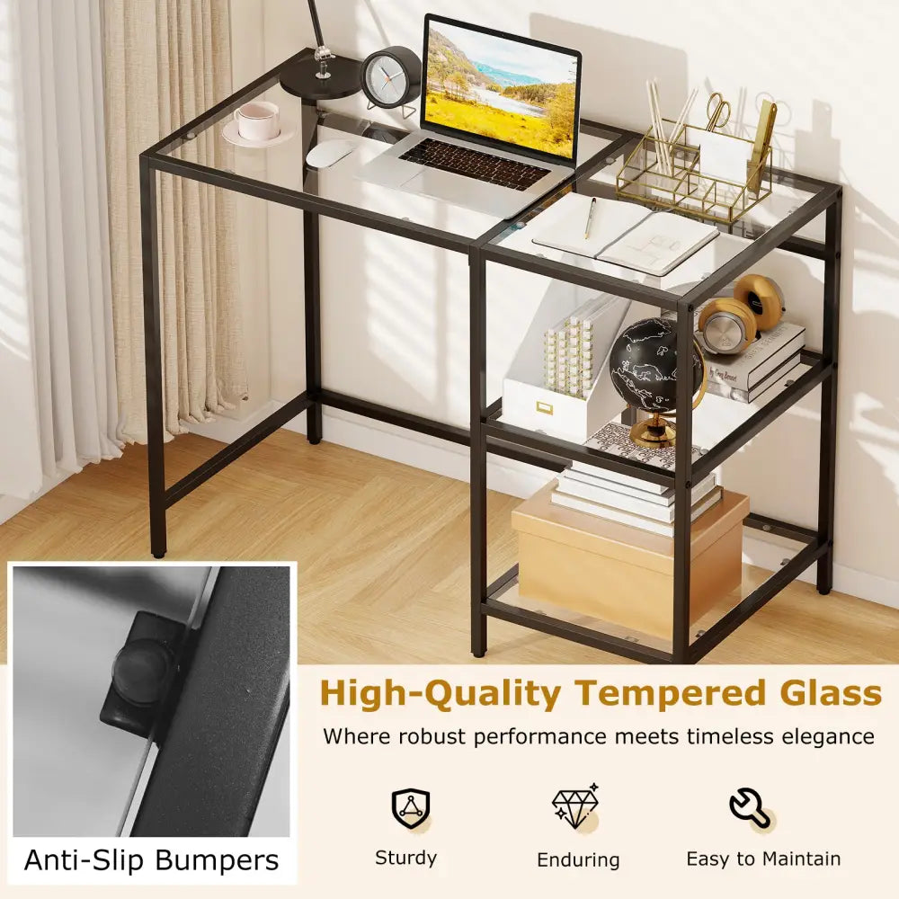 Modern Console Table with 2 Open Shelves and Metal Frame-Black - Black - Writing Desks