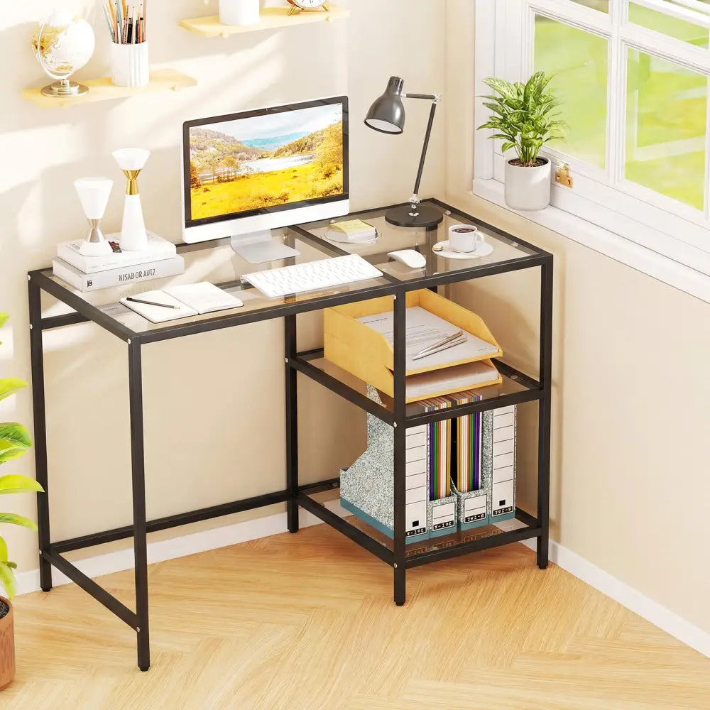 Modern Console Table with 2 Open Shelves and Metal Frame-Black - Black - Writing Desks