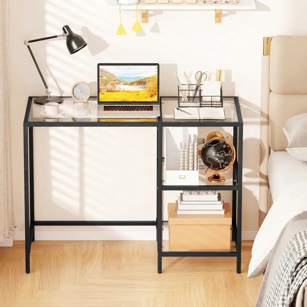 Modern Console Table with 2 Open Shelves and Metal Frame-Black - Black - Writing Desks