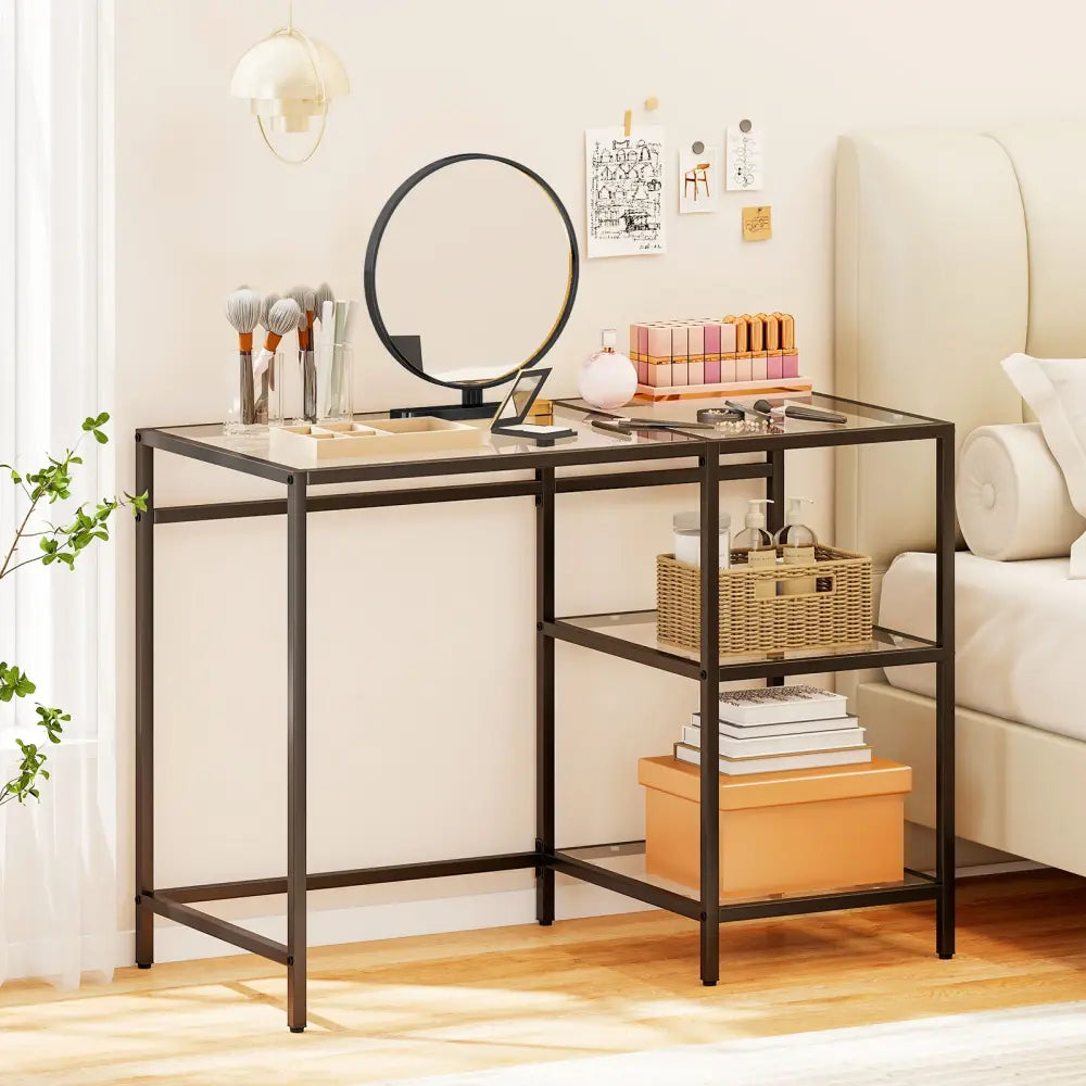 Modern Console Table with 2 Open Shelves and Metal Frame-Black - Black - Writing Desks
