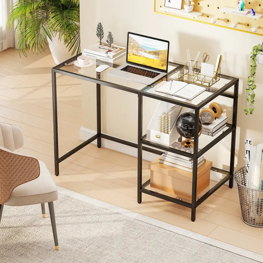 Modern Console Table with 2 Open Shelves and Metal Frame-Black - Black - Writing Desks