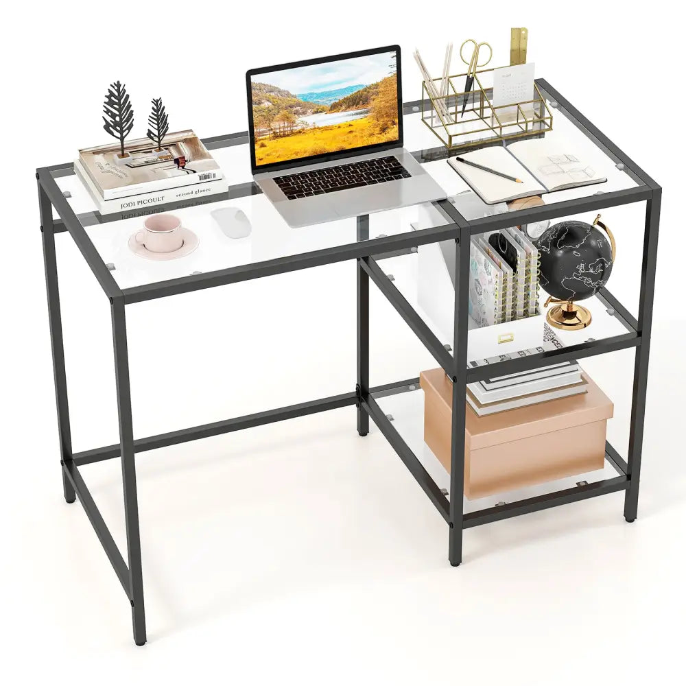 Modern Console Table with 2 Open Shelves and Metal Frame-Black - Black - Writing Desks