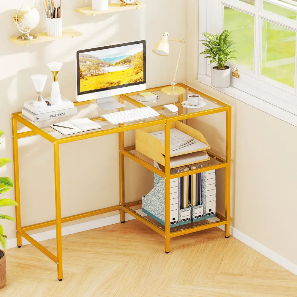 Modern Console Table with 2 Open Shelves and Metal Frame-Golden - Golden - Writing Desks
