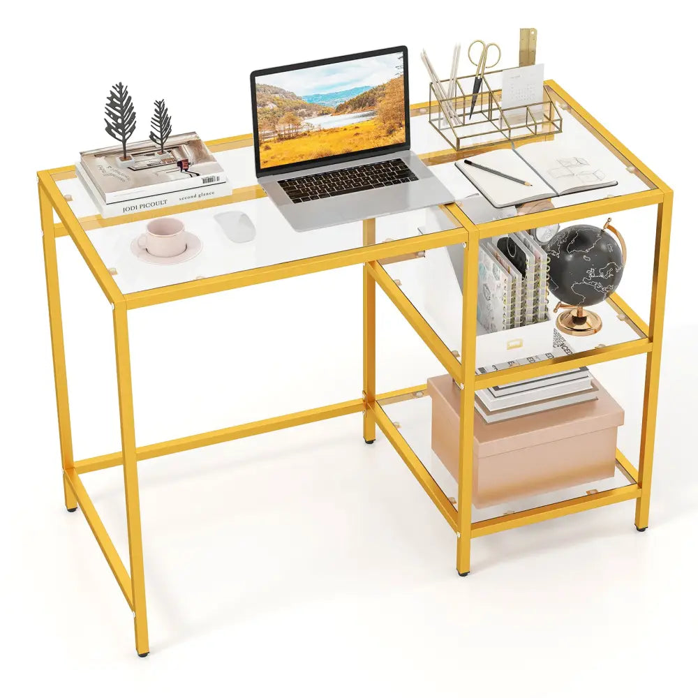 Modern Console Table with 2 Open Shelves and Metal Frame-Golden - Golden - Writing Desks