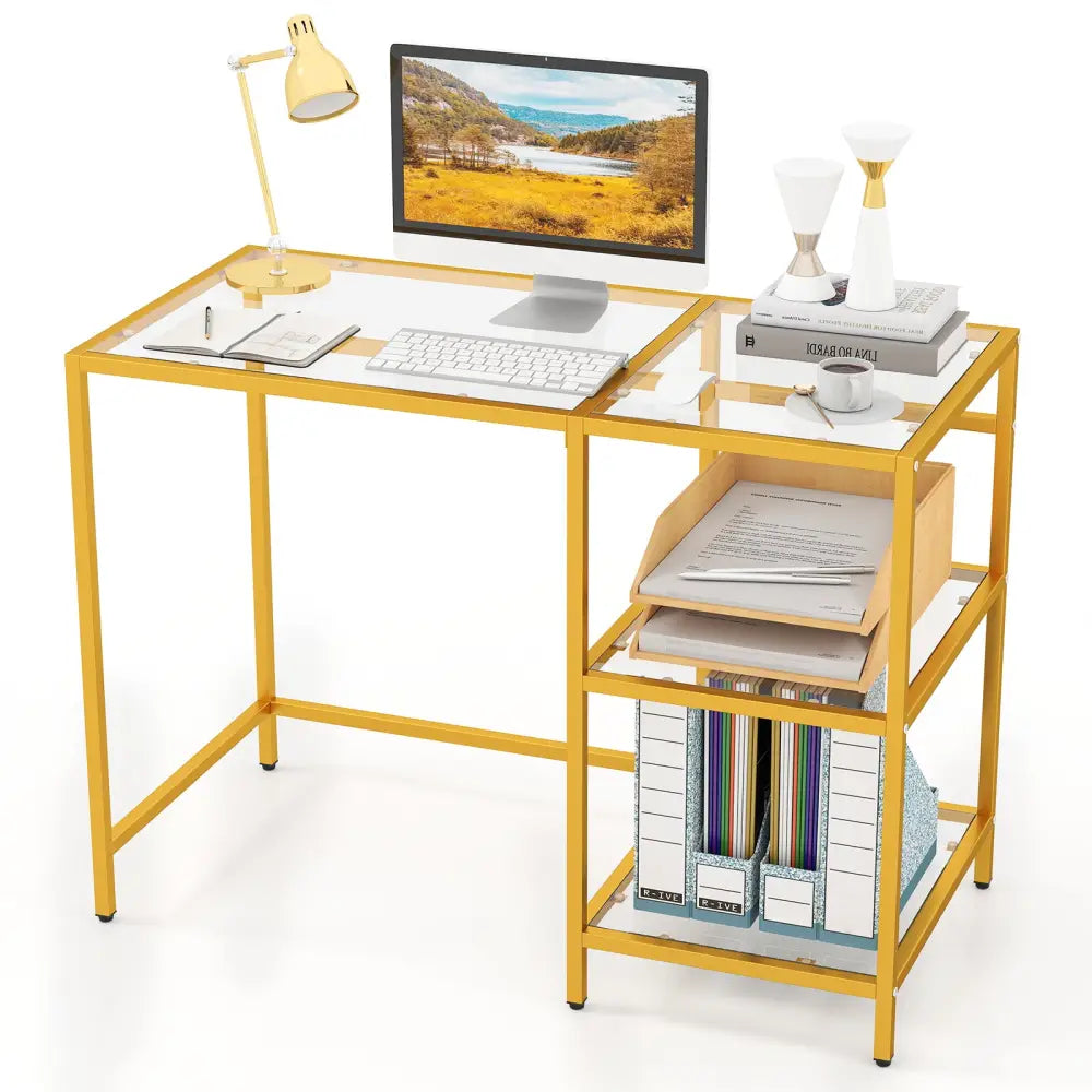 Modern Console Table with 2 Open Shelves and Metal Frame-Golden - Golden - Writing Desks