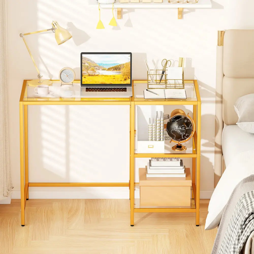 Modern Console Table with 2 Open Shelves and Metal Frame-Golden - Golden - Writing Desks