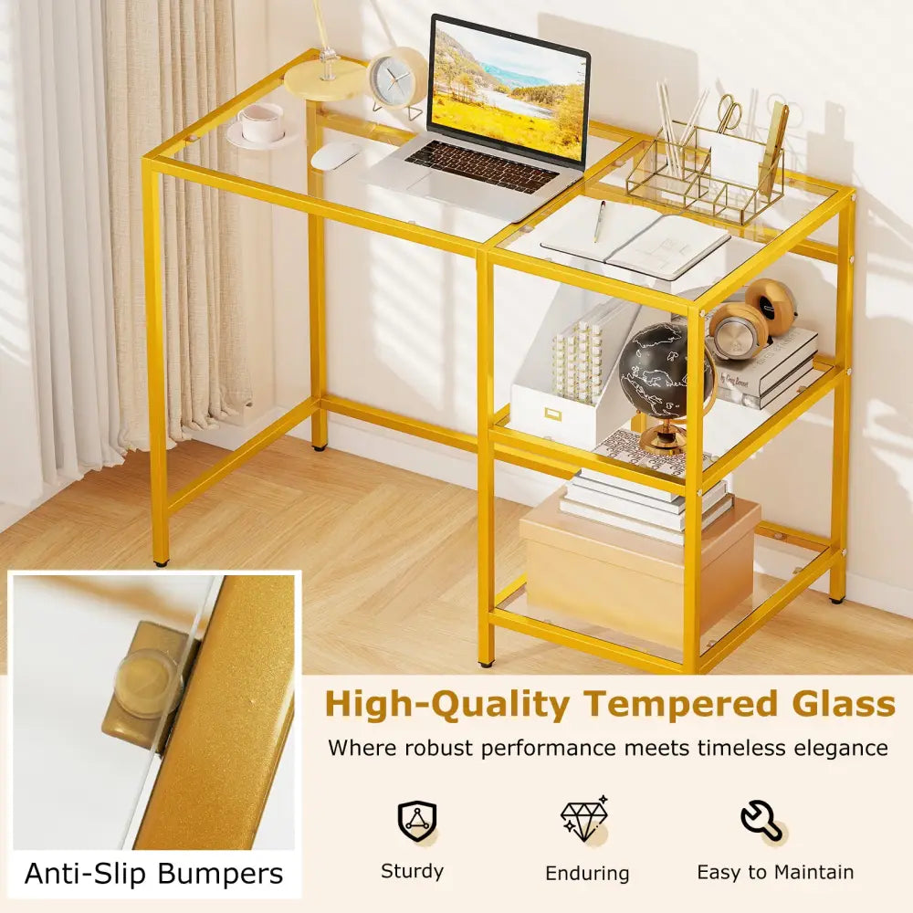 Modern Console Table with 2 Open Shelves and Metal Frame-Golden - Golden - Writing Desks