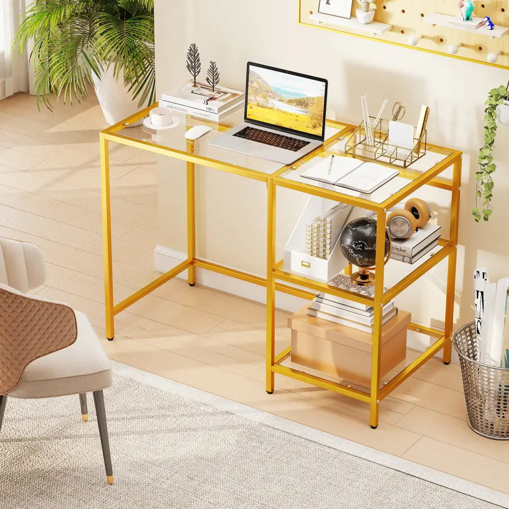 Modern Console Table with 2 Open Shelves and Metal Frame-Golden - Golden - Writing Desks