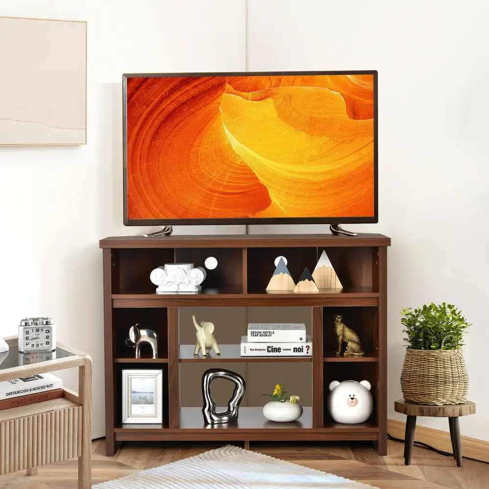 Modern Corner TV Stand with Adjustable Shelves for TVs up to 48 Inch-Coffee - Brown - Entertainment Centers & TV Stands