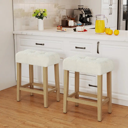Modern Counter Height Bar Stools Set of 2 with Rubber Wood Legs-Beige and Natural - Beige - Bar Stools