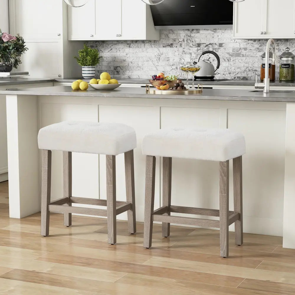 Modern Counter Height Bar Stools Set of 2 with Rubber Wood Legs-White and Gray - White - Bar Stools