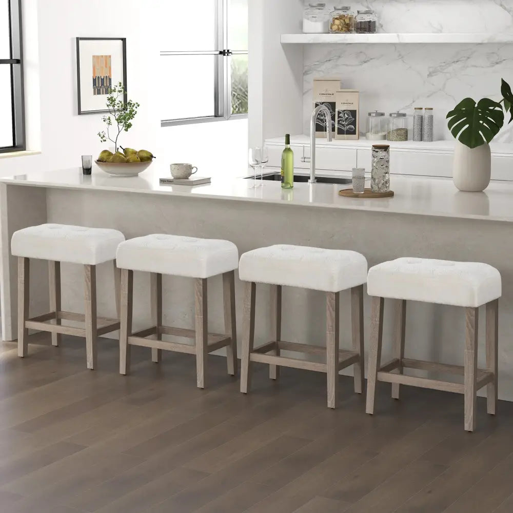 Modern Counter Height Bar Stools Set of 2 with Rubber Wood Legs-White and Gray - White - Bar Stools