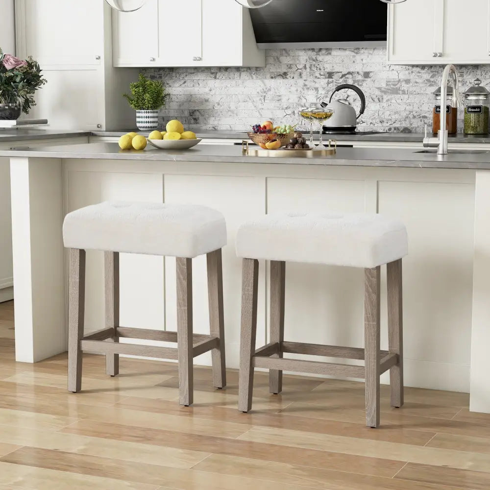 Modern Counter Height Bar Stools Set of 2 with Rubber Wood Legs-White and Gray - White - Bar Stools