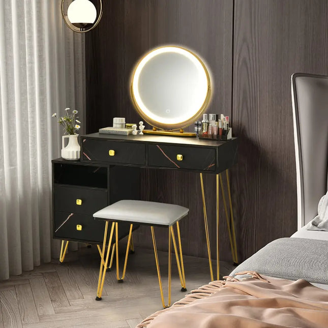 Modern Dressing Table with Storage Cabinet-Black - Black - Makeup Vanities