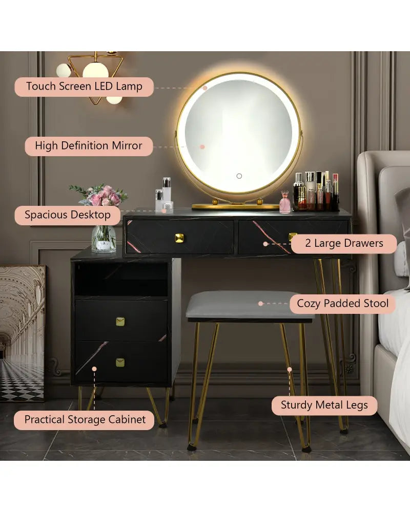 Modern Dressing Table with Storage Cabinet-Black - Black - Makeup Vanities