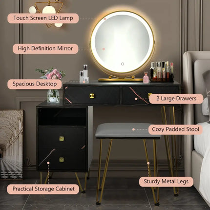 Modern Dressing Table with Storage Cabinet-Black - Black - Makeup Vanities