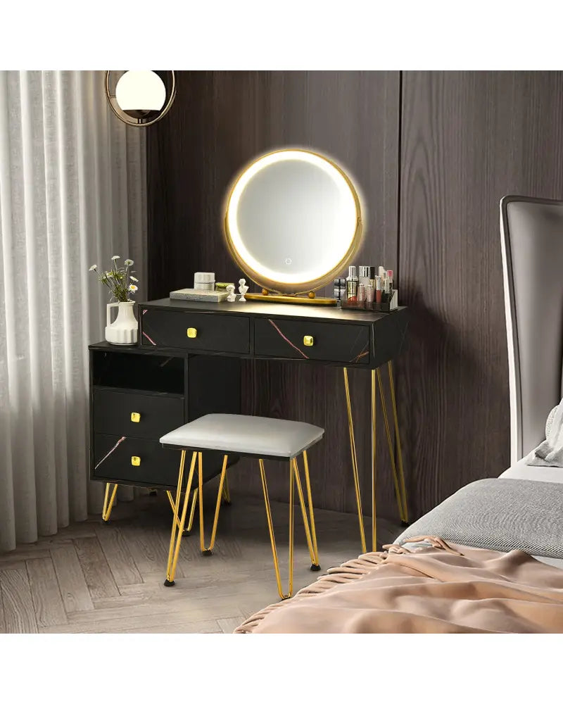 Modern Dressing Table with Storage Cabinet-Black - Black - Makeup Vanities