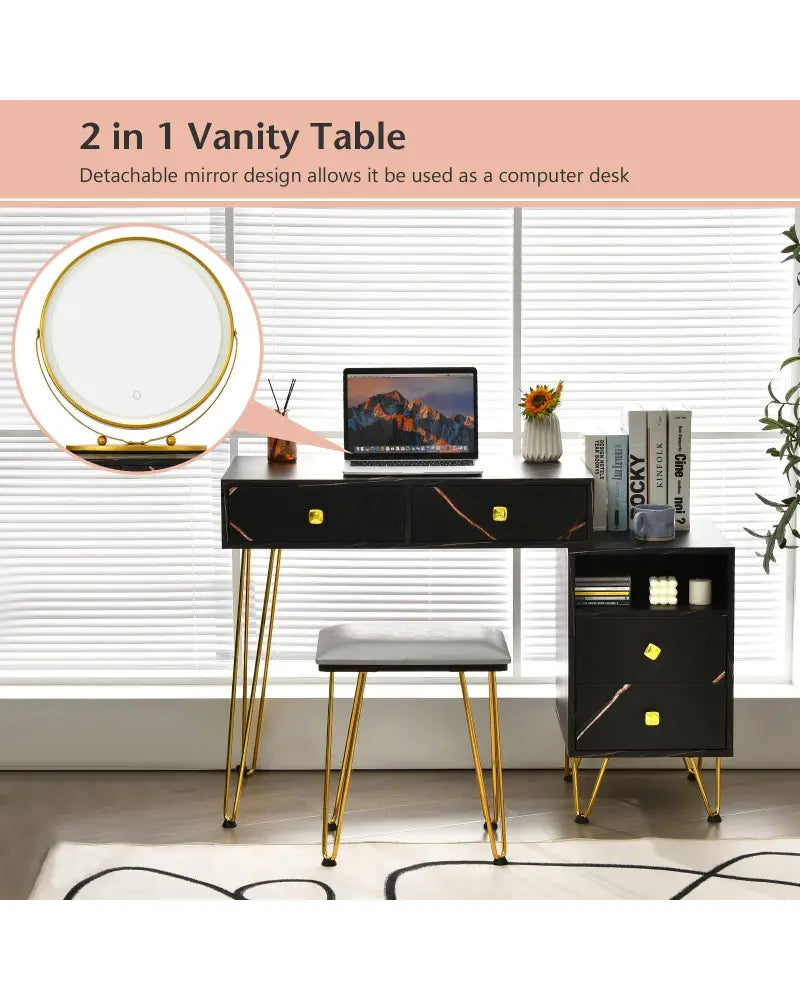 Modern Dressing Table with Storage Cabinet-Black - Black - Makeup Vanities