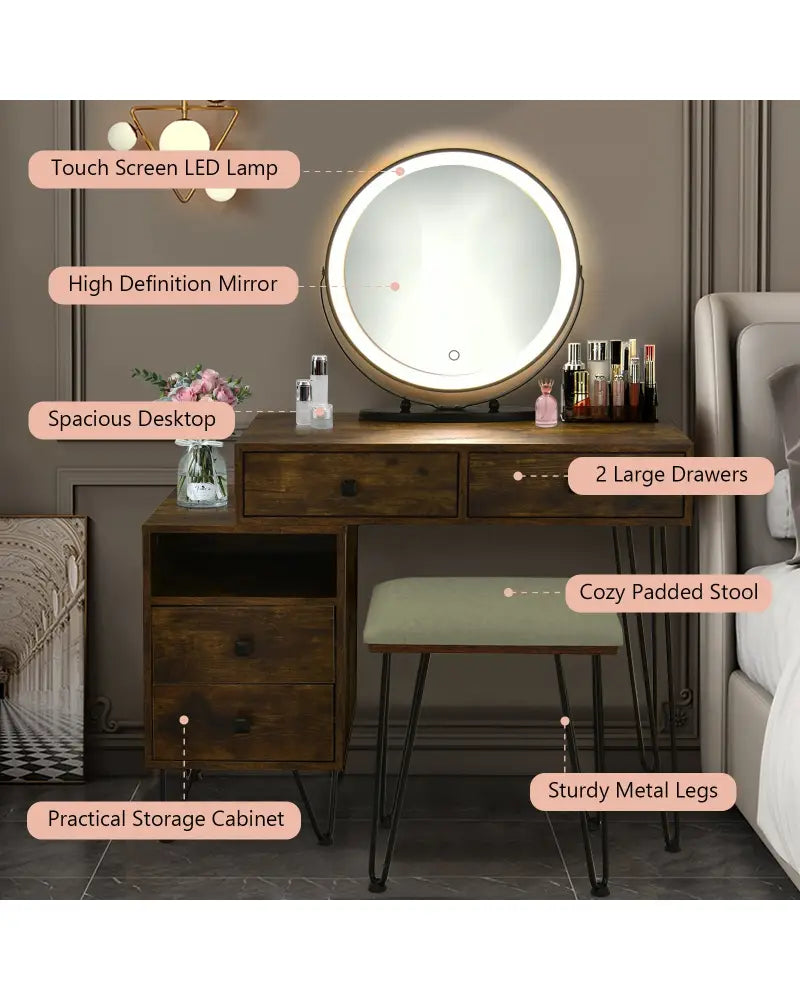 Modern Dressing Table with Storage Cabinet-Rustic Brown - Rustic Brown - Makeup Vanities