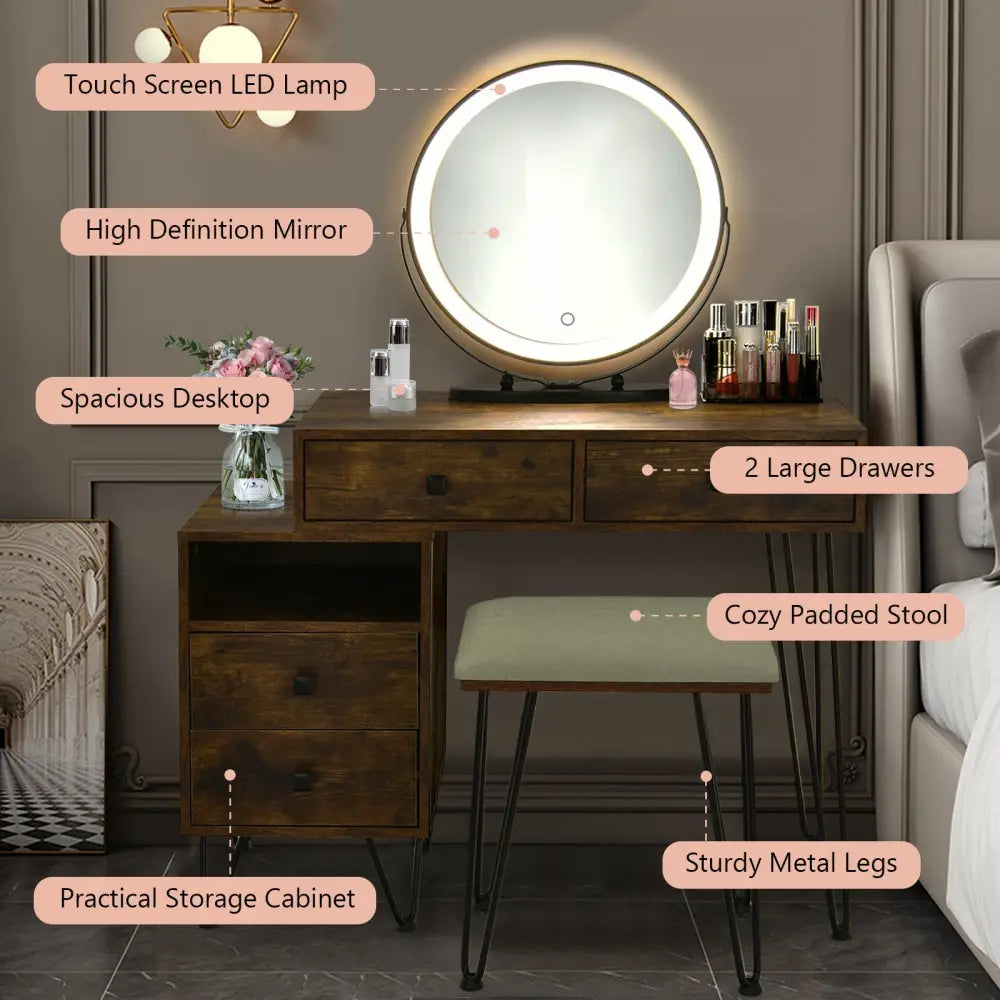 Modern Dressing Table with Storage Cabinet-Rustic Brown - Rustic Brown - Makeup Vanities
