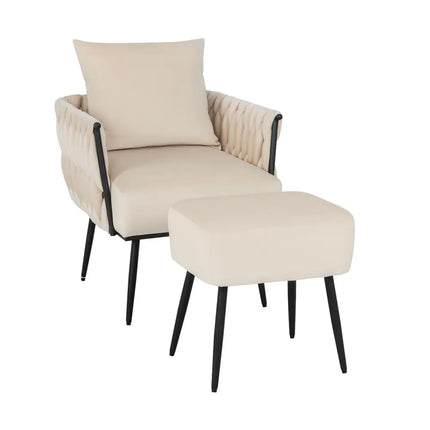Modern Dutch Velvet Accent Chair and Ottoman Set with Weaved Back and Arms-White - White - Accent Chairs