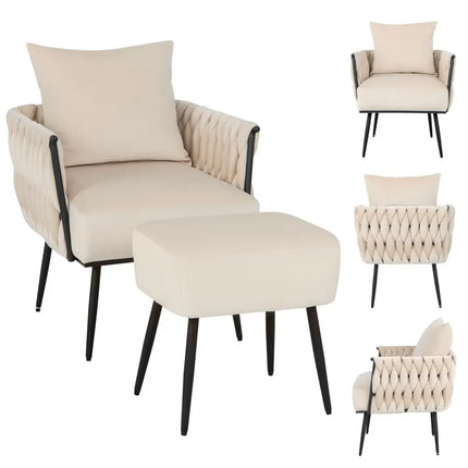 Modern Dutch Velvet Accent Chair and Ottoman Set with Weaved Back and Arms-White - White - Accent Chairs