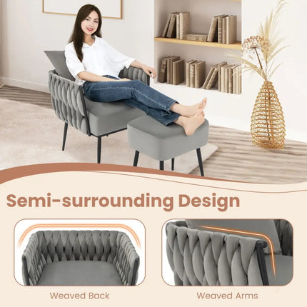 Modern Dutch Velvet Accent Chair and Ottoman Set with Weaved Back and Arms-Gray - Gray - Accent Chairs