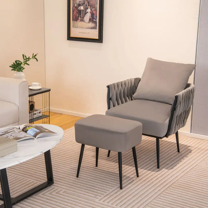 Modern Dutch Velvet Accent Chair and Ottoman Set with Weaved Back and Arms-Gray - Gray - Accent Chairs