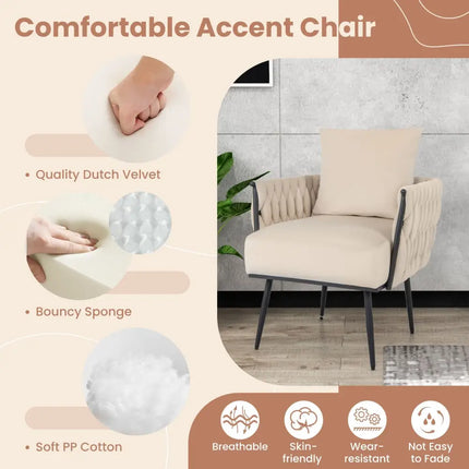 Modern Dutch Velvet Accent Chair and Ottoman Set with Weaved Back and Arms-White - White - Accent Chairs