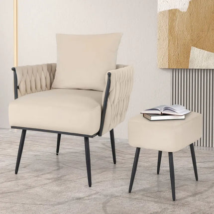 Modern Dutch Velvet Accent Chair and Ottoman Set with Weaved Back and Arms-White - White - Accent Chairs