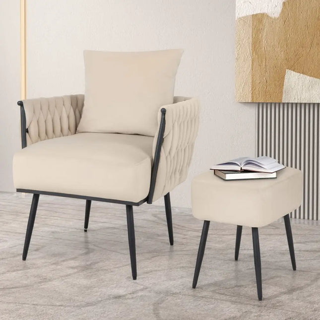 Modern Dutch Velvet Accent Chair and Ottoman Set with Weaved Back and Arms-White - White - Accent Chairs