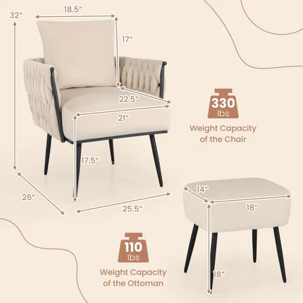 Modern Dutch Velvet Accent Chair and Ottoman Set with Weaved Back and Arms-White - White - Accent Chairs