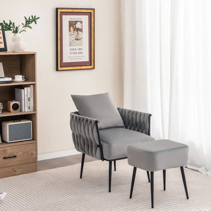 Modern Dutch Velvet Accent Chair and Ottoman Set with Weaved Back and Arms-Gray - Gray - Accent Chairs