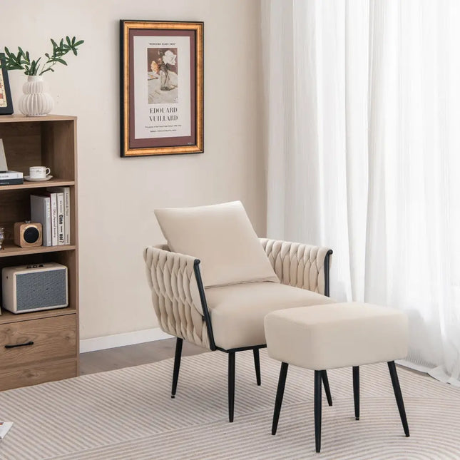 Modern Dutch Velvet Accent Chair and Ottoman Set with Weaved Back and Arms-White - White - Accent Chairs
