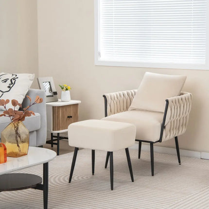 Modern Dutch Velvet Accent Chair and Ottoman Set with Weaved Back and Arms-White - White - Accent Chairs