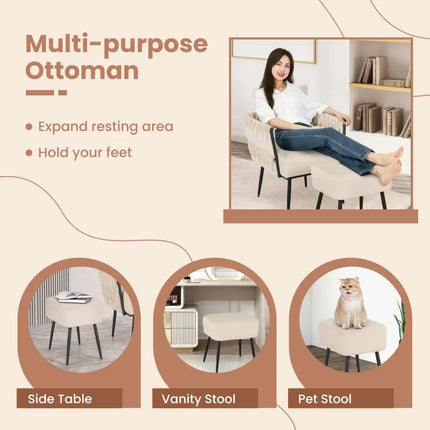 Modern Dutch Velvet Accent Chair and Ottoman Set with Weaved Back and Arms-White - White - Accent Chairs