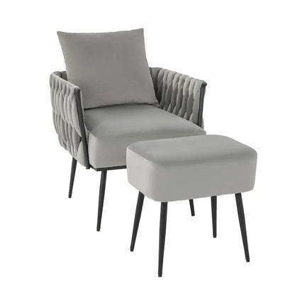 Modern Dutch Velvet Accent Chair and Ottoman Set with Weaved Back and Arms-Gray - Gray - Accent Chairs