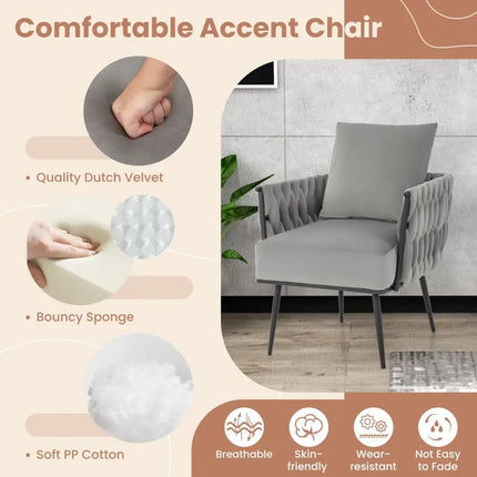 Modern Dutch Velvet Accent Chair and Ottoman Set with Weaved Back and Arms-Gray - Gray - Accent Chairs