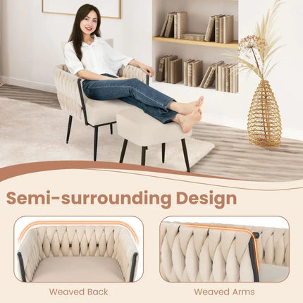 Modern Dutch Velvet Accent Chair and Ottoman Set with Weaved Back and Arms-White - White - Accent Chairs