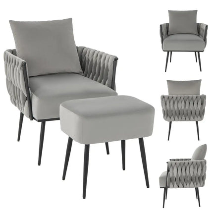 Modern Dutch Velvet Accent Chair and Ottoman Set with Weaved Back and Arms-Gray - Gray - Accent Chairs