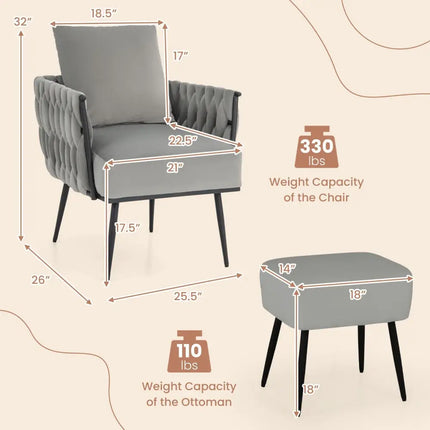 Modern Dutch Velvet Accent Chair and Ottoman Set with Weaved Back and Arms-Gray - Gray - Accent Chairs