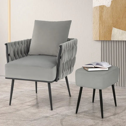 Modern Dutch Velvet Accent Chair and Ottoman Set with Weaved Back and Arms-Gray - Gray - Accent Chairs