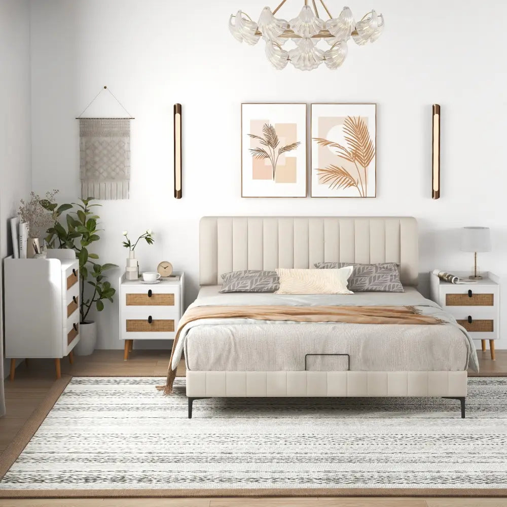 Modern End Table Bedside Table with 2 Rattan Decorated Drawers-White - White - Nightstands