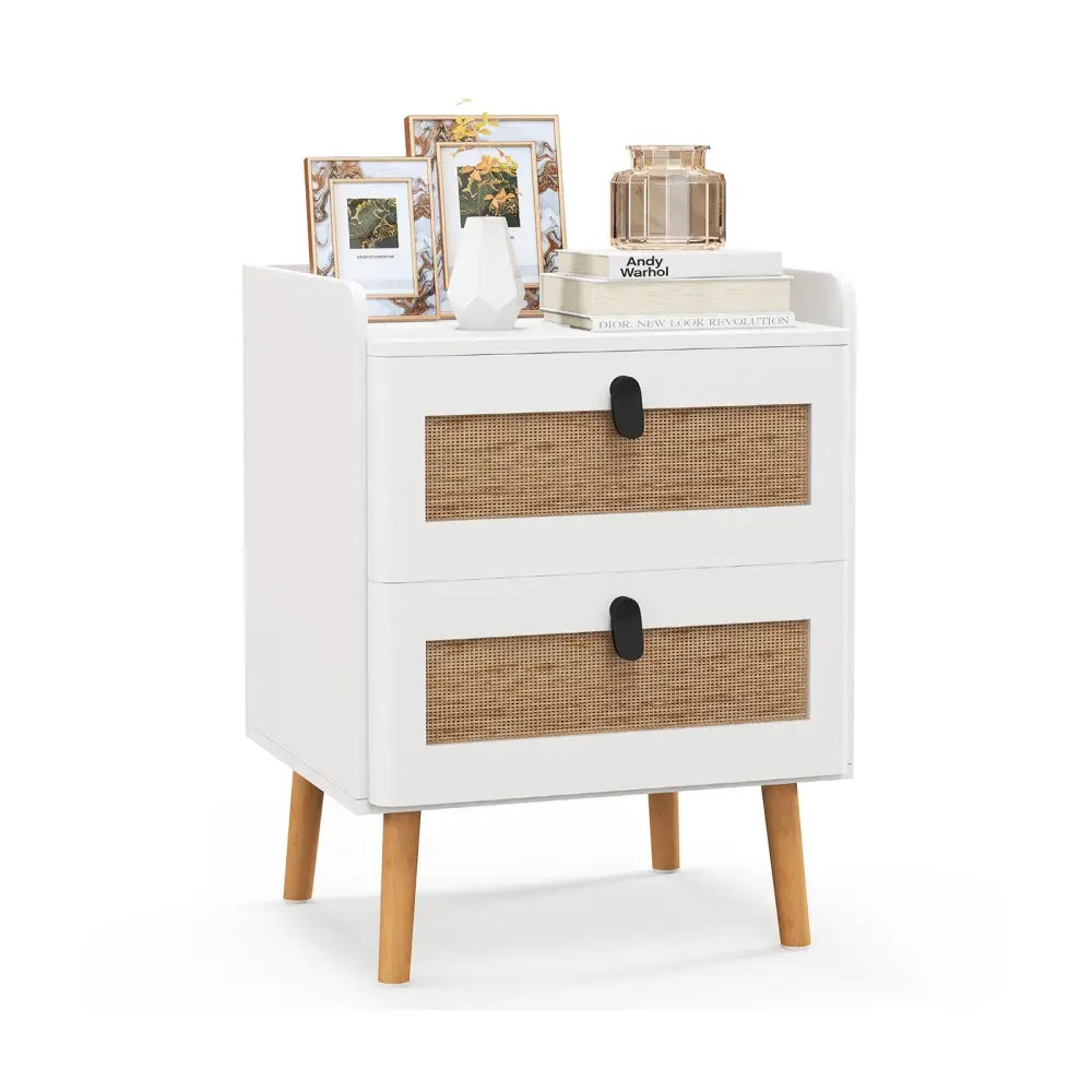 Modern End Table Bedside Table with 2 Rattan Decorated Drawers-White - White - Nightstands