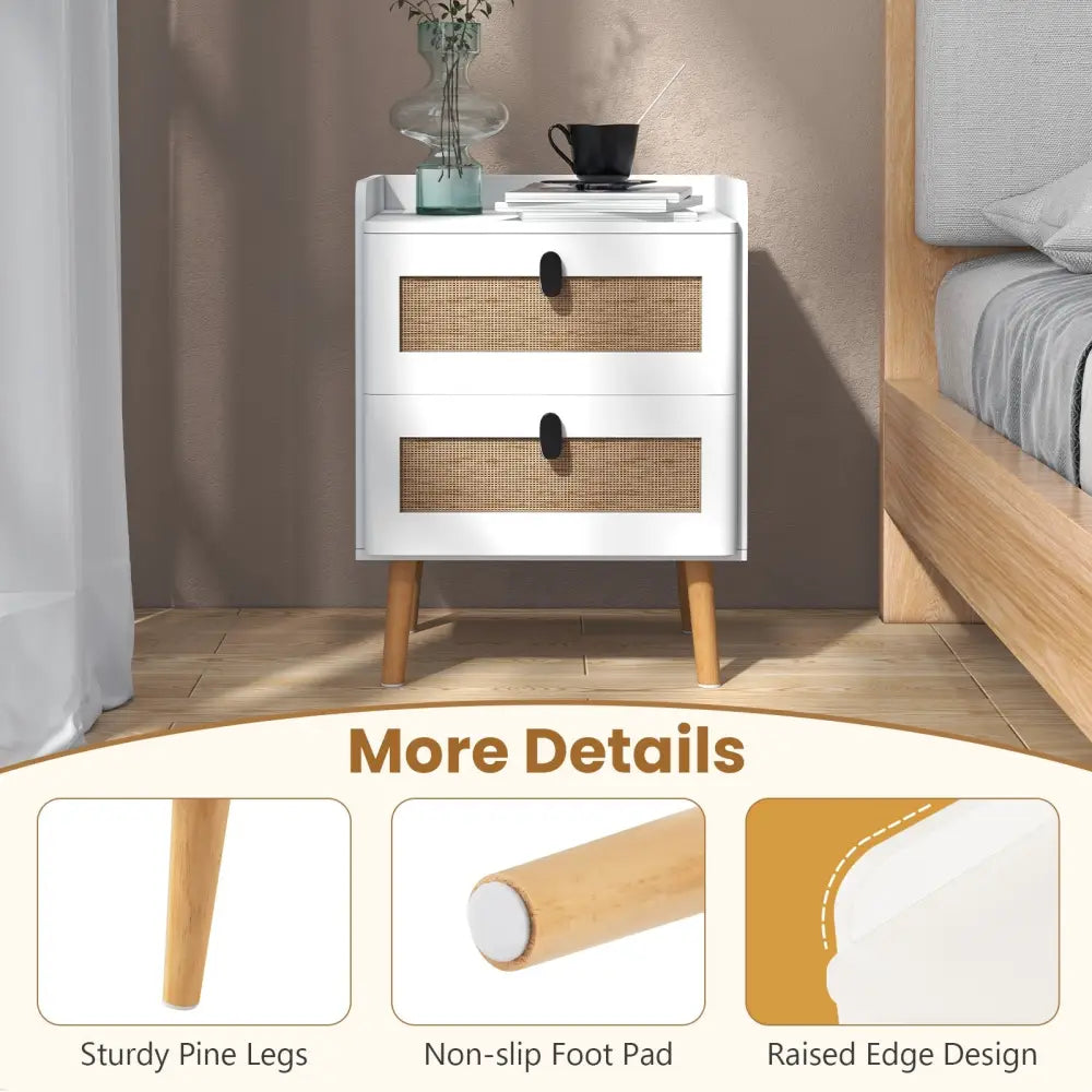 Modern End Table Bedside Table with 2 Rattan Decorated Drawers-White - White - Nightstands