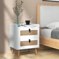 Modern End Table Bedside Table with 2 Rattan Decorated Drawers-White - White - Nightstands