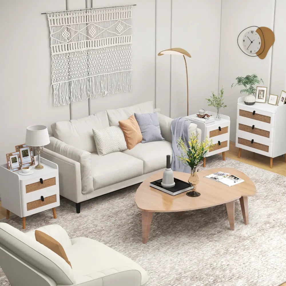 Modern End Table Bedside Table with 2 Rattan Decorated Drawers-White - White - Nightstands